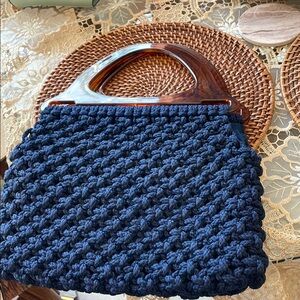 Accepto Craft Navy Blue Knitted Handbag with plastic Handles